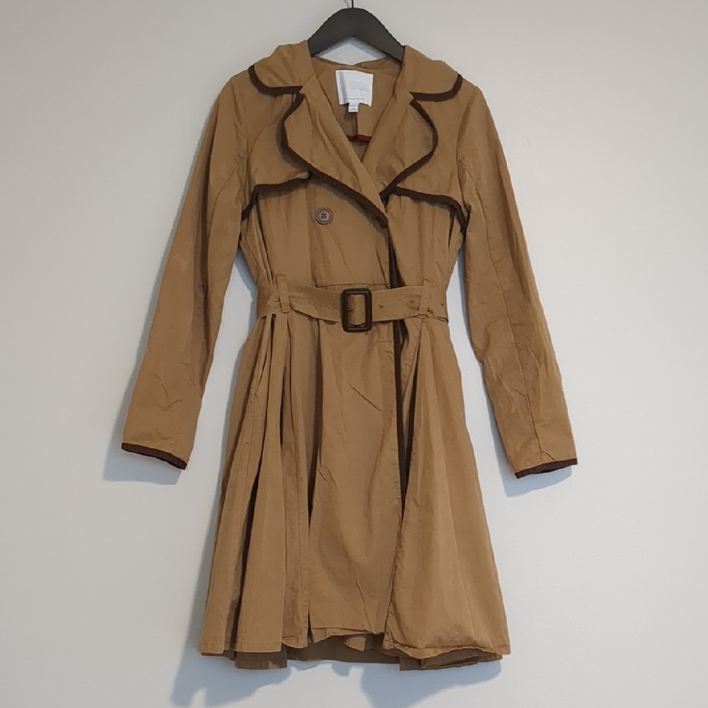 Anthropologie EttTwa Camel Trench Coat Dark Trim 100% Cotton 8